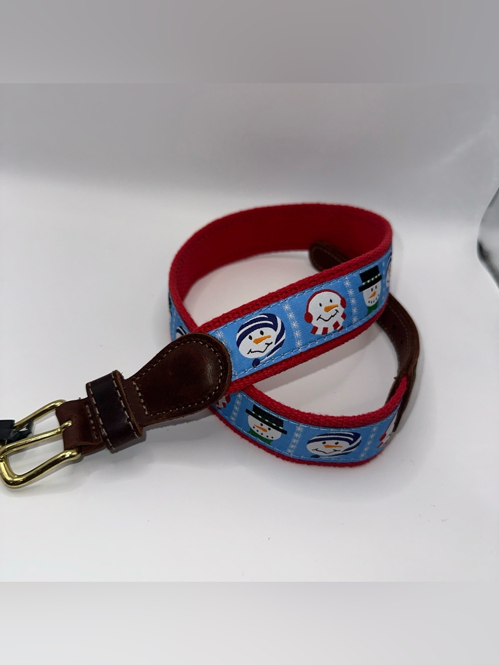 Preston Leather Snowman Holiday Belt Solid Brass Buckle Kids Size 22 Made in USA